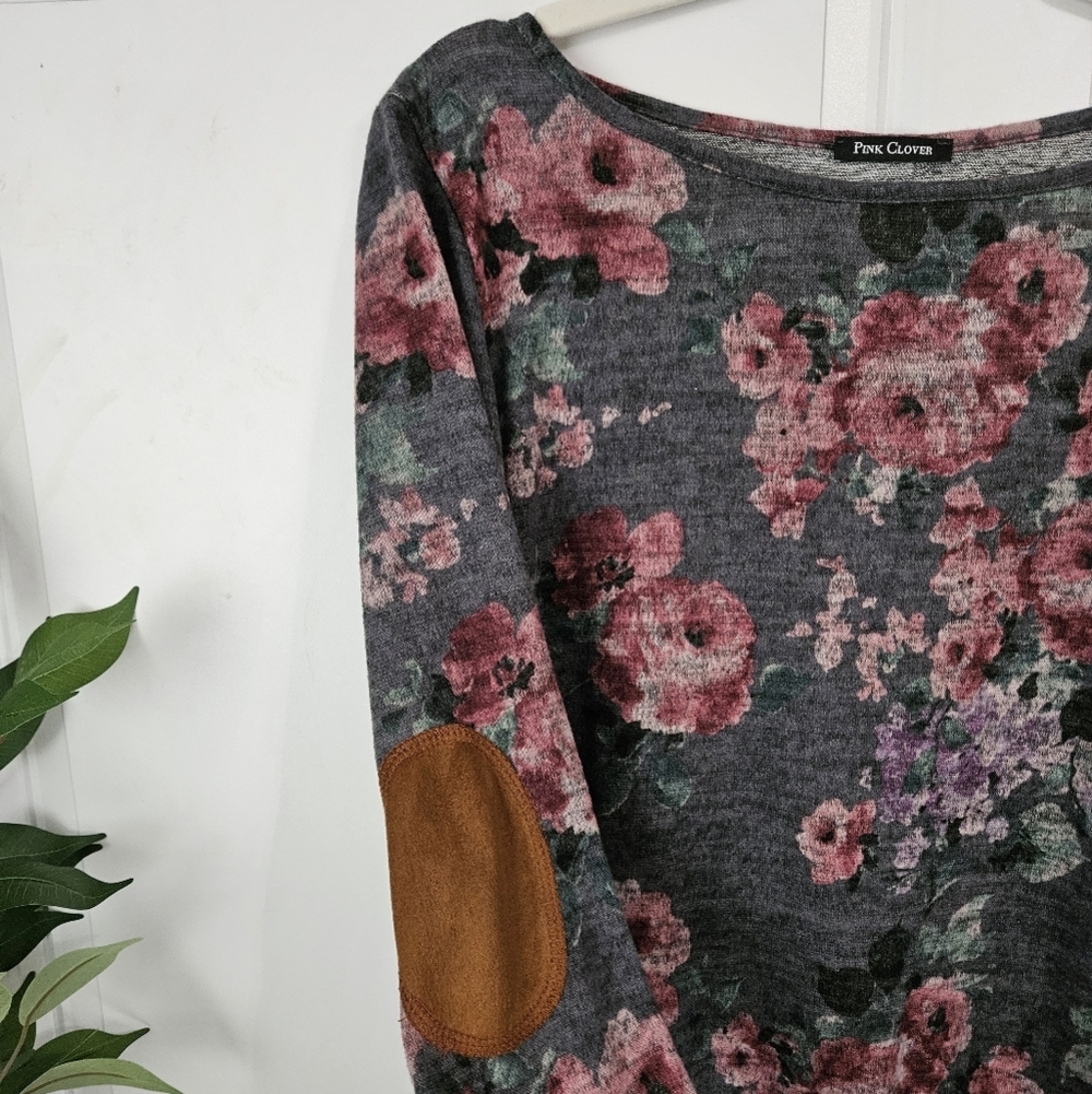 Pink Clover Floral Sweater with Elbow Patches